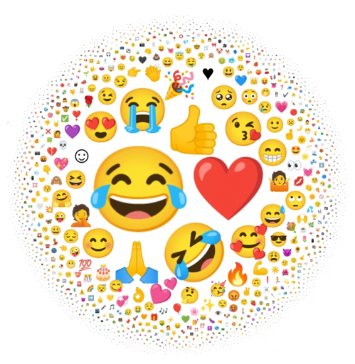 A collage of various emojis arranged in a circular pattern. The center features large emojis, including the "Face with Tears of Joy" 😂, "Red Heart" ❤️, "Thumbs Up" 👍, "Praying Hands" 🙏, and "Smiling Face with Heart-Eyes" 😍. Surrounding them are many smaller emojis, such as different smiley faces, hearts, party poppers, etc.