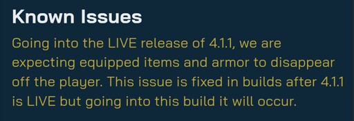 Screenshot from patch notes:
> Known Issues
Going into the LIVE release of 4.1.1, we are expecting equipped items and armor to disappear off the player. This issue is fixed in builds after 4.1.1 is LIVE but going into this build it will occur.